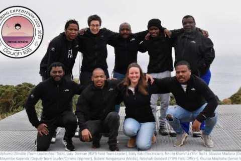 GOUGH 68 (2022 - 2023) Back L - R: Mphumzi Zilindile (Team Leader/ - SAWS: Meteorological technician , Lucy Dorman - RSPB Field Team Leader, Eddy Xaki - DFFE: Electrical Engineer, Tshililo Kharivha  - SAWS: Meteorological technician, Sibusiso Maduna - DFFE: Diesel Mechanic . Front L - R: Mayembe Kapenda (Deputy Team Leader/Comms Engineer), Bubele Nongwejana  – DFFE: Medical Orderly; Rebekah Goodwill - RSPB Field Office; Khuliso Maphaha  - SAWS: Senior Meteorological technician. DFFE: Department of Forestry, Fisheries and the Environment; SAWS: South African Weather Services; RSPB:  Royal Society for the Protection of Birds