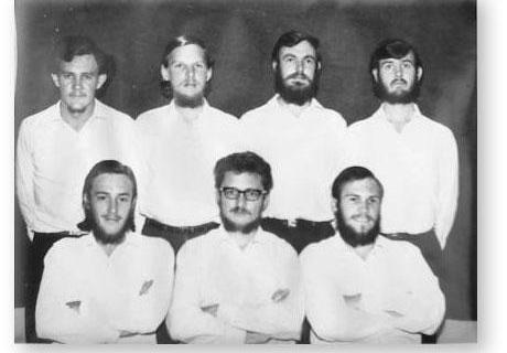 GOUGH 12 (1966-1967): Back (L-R) Piet van der Watt (Meteorologist), Wynand Duiker (Radio Technician), Gerhard Cilie (Meteorologist), Jackie Coetzee (Medic); Front: Philip Strydom (Meteorologist), Evert Scholtz (Meteorologist/Choef Bull Shitter), George Cooper (Radio Operator).