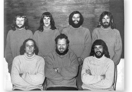 GOUGH 18 (1972-1973): Back (L-R) Mike A. Perks, Jasper M. Hoon, Gideon J. le Roux, Dudley I. Rowswell; Front: Pat H. Vosloo, Chris Hatting, Johan J. Neethling.