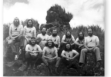 GOUGH 23 (1977-1978): Back (L-R) Allan Seabrook (Assistant Biologist), Philip de Beer (Communications), Gustav Goldschagg (Meteorologist/Leader), Ean Retief (Radio Technician), Frank Schutte (Meteorologist), Christo Theart (Meteorologist), Marthan Bester (Biologist); Front: Jannie Ferreier (Senior Meteorologist), Paul Fouché (Medic), Allie van Onselen (Diesel Mechanic).