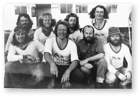 GOUGH 24 (1978-1979): Back (L-R) George Wolvaardt (Meteorologist), Andy Lainis (Meteorologist), Piet van Schalkwyk (Medic), David du Plessis (Meteorologist); Front: Tobie Erasmus (Communications), Pierre Schoeman (Senior Meteorologist/Leader), Robby Pettigrew (Diesel Mechanic), Herman Dormehl (Radio Technician).