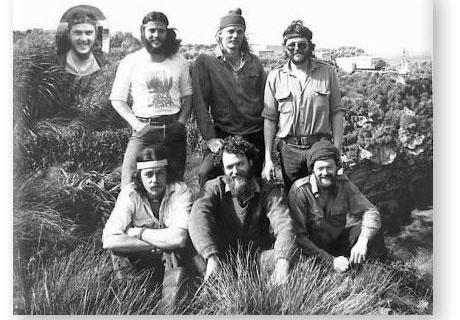 GOUGH 33 (1987-1988): Back (L-R) Perry Britz (Medic), Mark Steyn (Senior Meteorologist/Leader), David Hulbert (Radio Technician); Front: Chris Riphagen (Meteorologist), Rob Faure (Meteorologist), Peter Smal (Diesel Mechanic); Insert: Joe Roos (Radio Operator).