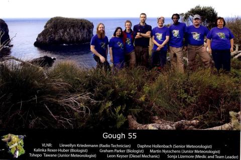 GOUGH 55 (2009-2010): (L-R) Llewellyn Kriedemann (Radio Technician), Daphne Hollenbach (Senior Meteorologist), Kalinka Rexer-Huber (Biologist), Graham Parker (Biologist), Martin Nysschens (Junior Meteorologist), Tshepo Tawane (Junior Meteorologist), Leon Keyser (Diesel Mechanic), Sonja Lizemore (Medic/Team Leader).