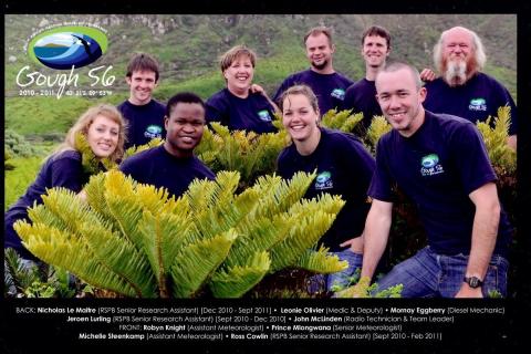 GOUGH 56 (2010-2011): Back (L-R) Nicholas Le Maitre (RSPB Senior Research Assistant) [Dec 2010 - Sept 2011], Leonie Olivier (Medic/Deputy Team Leader), Mornay Eggberry (Diesel Mechanic), Jeroen Lurling (RSPB Senior Research Assistant) [Sept 2010 - Dec 2010], John McLinden (Radio Technician/Team Leader); Front: Robyn Knight (Assistant Meteorologist), Prince Mlongwana (Senior Meteorologist), Michelle Steenkamp (Assistant Meteorologist), Ross Cowlin (RSPB Senior Research Assistant) [Sept 2010 - Feb 2011].