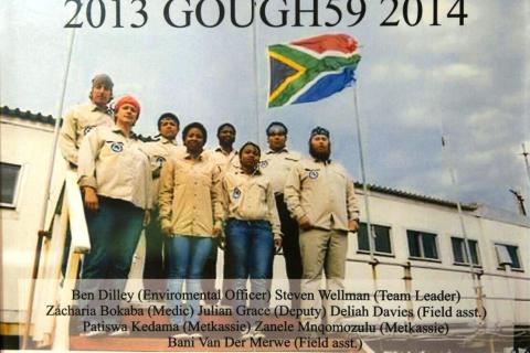 GOUGH 59 (2013-2014): (L-R) Ben Dilley (Environmental Officer), Steven Wellman (Team Leader), Zacharia Bokaba (Medic), Julian Grace (Deputy Leader), Deliah Davies (Field Assistant), Patiswa Kedama (Meteorologist), Zanele Mnqomozulu (Meteorologist), Bani van der Merwe (Field Assistant), Johan Hoffman (Radio Operator-passed away).