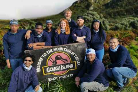 GOUGH 65 (2019-2020): Back (L-R) Bubele Nongwejana (Medical Orderly), Thendo Sikhwari (Senior Meteorological Technician and Deputy Team Leader), Thabiso Maphumulo (Electrician), Michelle Risi- Jones (Field Assistant and Deputy Team Leader- Scientific), Chris Jones (Field Assistant), Dylan Seaton (Meteorological Technician), Siyasanga Mphehle (Meteorological Technician); (Front) Errol Julies (Communication/ Electronics Engineer and Team Leader), Gilbert Kgang (Diesel Mechanic), Alexis Osborne (Field Assistant).