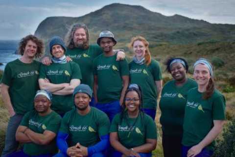 GOUGH 66 (2020-2021): Back (L-R) Roelf Daling (RSBP field assistant and Technician), Dylan Seaton (Assistant Meteorological Technician), Gert Benadé (Communications Engineer), Jufter Munyai (Electrician and Team Leader), Kim Stevens (RSBP Senior field assistant), Catherine Mbazwana (Medical Orderly and Deputy Team Leader), Vonica Perold (RSBP field assistant); (front) S’celo Ndwalane (Diesel Mechanic), Asavela Somaxaka (Assistant Meteorological Technician), Zinhle Shongwe (Senior Meteorological Technician).