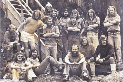 MARION 34 (1977-1978): Back (L-R) H. Erasmus (Mammal Biologist), P. Schoeman (Meteorologist), V. Trollip (Meteorologist), P. van Schalkwyk (Medic), D. van Coller (Biologist/Radio Operator), T. O'Connor (Biologist), H. Lindeboom (Biologist), D. Langley (Geomorphologist) Middle: G. Luden (Deputy Leader/Senior Meteorologist), K. Hall (Geomorphologist), C. Erasmus (Ionosphericist/geomagnetisist), C. Grové (Leader/Meteorologist), R. Pettigrew (Diesel Mechanic).