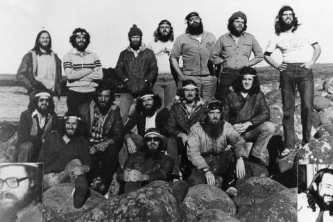 MARION 37 (1980-1981): Back (L-R) S. Russel (Biologist), J. Karnezos (Assistant Biologist), M. Geddes (Assistant Biologist), G. Kerley (Biologist), K. Steyn (Diesel Mechanic), A. Berruti (Biologist), J. Nel (Meteorologist); Middle: N. Kritzinger (Medic), J. Maltby (Assistant Biologist), E. Goldschagg (Leader/Meteorologist), N. vd Weele (Meteorologist), J. Holliday (Radio Operator); Front: C. Watkins (Radio Technician), R. Lourens (Senior Meteorologist), K. Panagis (Biologist) Insets: T. Steyn (Biologist),  P. Haxen (Biologist).