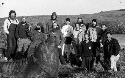 MARION 50 (1993-1994): Back (L-R) J. Klopper (Sealer), P. Smal (Diesel Mechanic), J. van Wyk (Sealer), P. Pieterse (Senior Meteorologist), P. Terblanche (Meteorologist), S. Chambers (Communicator); Middle: D. Nel (Birder), C. de Kock (Radio Technician), M. van der Merwe (Biologist), J. Wium (meteorologist); Front: H. Moller (Leader, Medic), J. de Lange (Sealer).