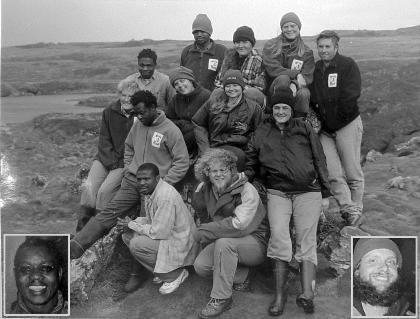 MARION 58 (2001-2002): Back (L-R) David Sepekha (Senior meteorologist), Segale Motseto (Meteorologist),  Wilna Wilkinson (Entomologist), Sam Petersen (Deputy Leader, Birder), Aldo Strumpher (Diesel Mechanic); Middle: Lizel Hugo (Entomologist), Ephaphrus Mamabolo (Meteorologist), Liezl Wiesner (Medic), Erika Nortje (Entomologist), Sarette Slabber (Entomologist); Front: Tambu Mulaudzi (Sealer), Beneke de Wet (Team leader, radio technician); Insert: Bekhane Majola (Diesel mechanic), Pieter Pretorius (Senior meteorologist).