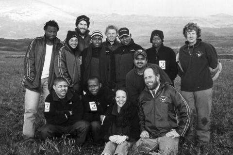 MARION 62 (2005-2006): Back (L-R) Phatutshedzo Radzikani (Sealer), Prideel Majiedt (Animal Behaviour Study), Trevor McIntyre (Sealer/Conservation Officer), Petunia Mokwena (Meteorologist), Ingrid Peters (Birder), Asanda Phiri (Botany), Ethel Phiri (Botany), Linda Clokie (Birder); Front: Piet Pieterse (Senior Meteorologist), Ephaphrus Mamabolo (Meteorologist), Anke Joubert (Medic), Nishal Lankesar (Radio Technician/Team Leader), Jan Joubert (Diesel Mechanic).