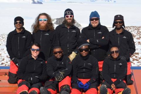 SANAE 58 (2019): Back (L-R) Bongisipho Kuali (Mechanical Engineer), Travis Duck (SANSA Radar Engineer), Jacques Robbertze (Diesel Mechanic & Team Leader), Ewald Ferreira (Communications Engineer), Jufter Munyai (Electrical Engineer); (front) Salomé Odendaal (Medical Doctor), Marvin Rankudu (Senior Meteorological Technician), Sanele Mkhize (Diesel Mechanic), Mpati Boleme (SANSA VLF Engineer).