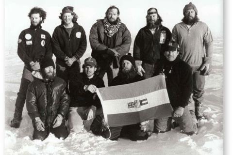 SANAE 35 (1994): Back (L-R) Neville Craig (Radio Technician), Ken Rice (Natal Physicist), Peter Klaver (Doctor), Johan Saunders (Leader), John Huyser (Diesel Mechanic); Front: Dawie Arndt (Natal Physicist), Pieter Snyman (Potch Physicist), Jan Joubert (Diesel Mechanic), Byron Sokolich (Communicator).