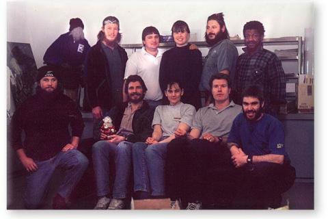 SANAE 37 (1998): Back (L-R) Lucy (Paul's girlfriend), Jason Whiting (Communications Manager), Johan Nel (PU Scientist - Riometer), Esme Nel (Doctor), Franscois Hofmeyr (Mechanical Engineer), Boasa Tladi (Diesel Mechanic); Front: Michael Walker (Diesel Mechanic), Paul Booyens & NEB (Leader), Lindsay Dawes (UND Scientist), Rossouw Visser (Electrical Engineer), Barend Bezuidenhout (PU Scientist - Radar).